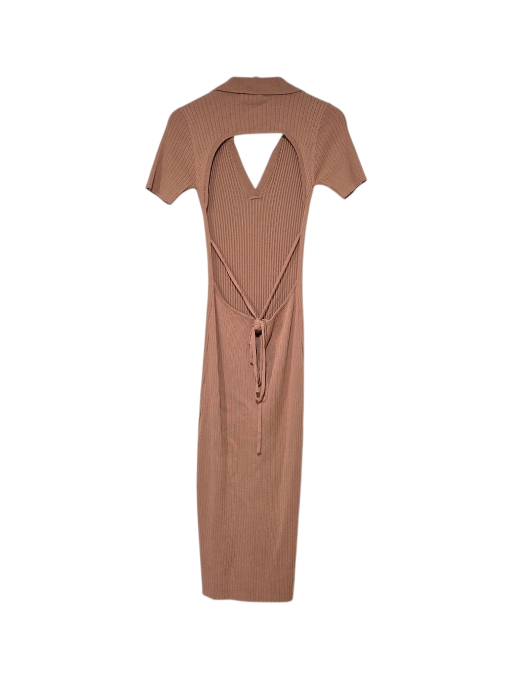 Petal & Pup Ribbed Knit Midi Dress Tan Brown Collared Open Back Slit Size 6 - Picture 3 of 7